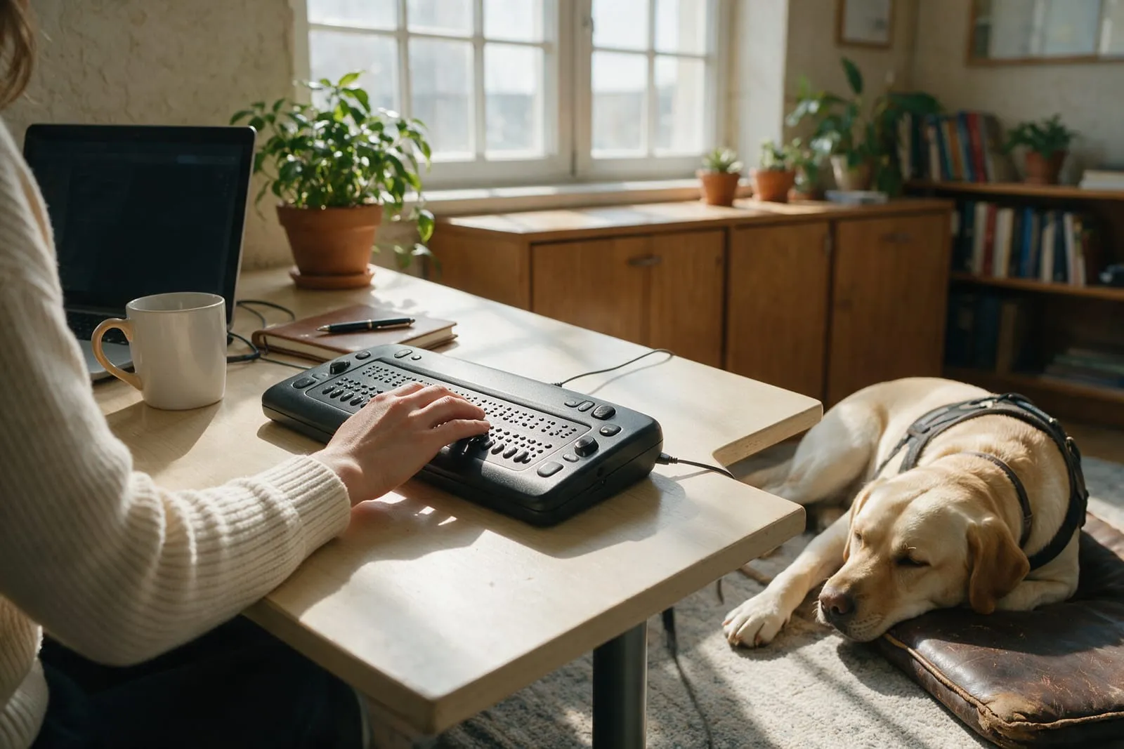 Le mani di una donna non vedente su un display braille collegato a un portatile, con un cane guida che riposa accanto