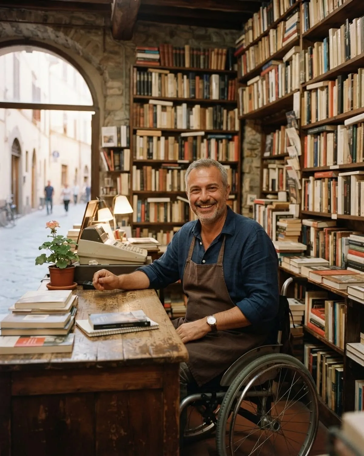 Il libraio in carrozzina sorride dietro il bancone della sua libreria indipendente, tra scaffali pieni di libri