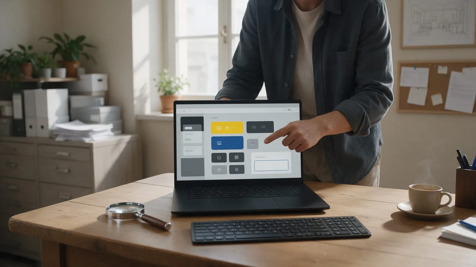 Un laptop su una scrivania mostra un sito con pulsanti grandi e contrastati, accanto a una lente d'ingrandimento
