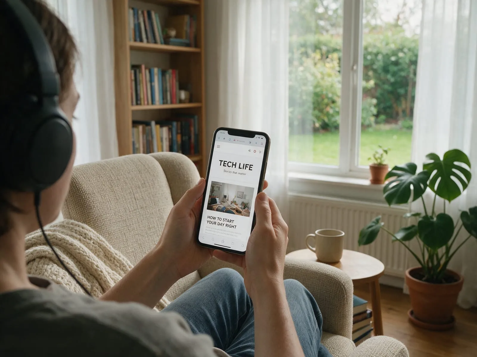 Una persona naviga un sito con lo smartphone e il lettore di schermo, con le cuffie