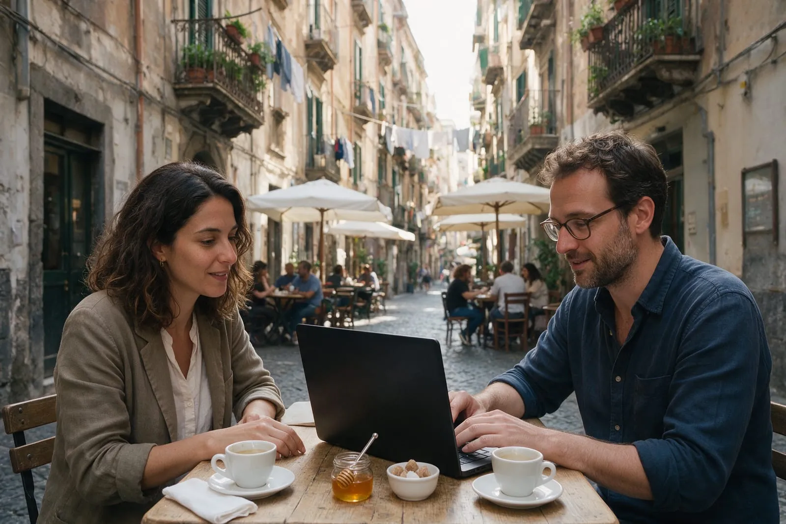Una titolare e un consulente digitale al tavolino di un caffè in un vicolo del centro storico di Napoli, con il portatile aperto