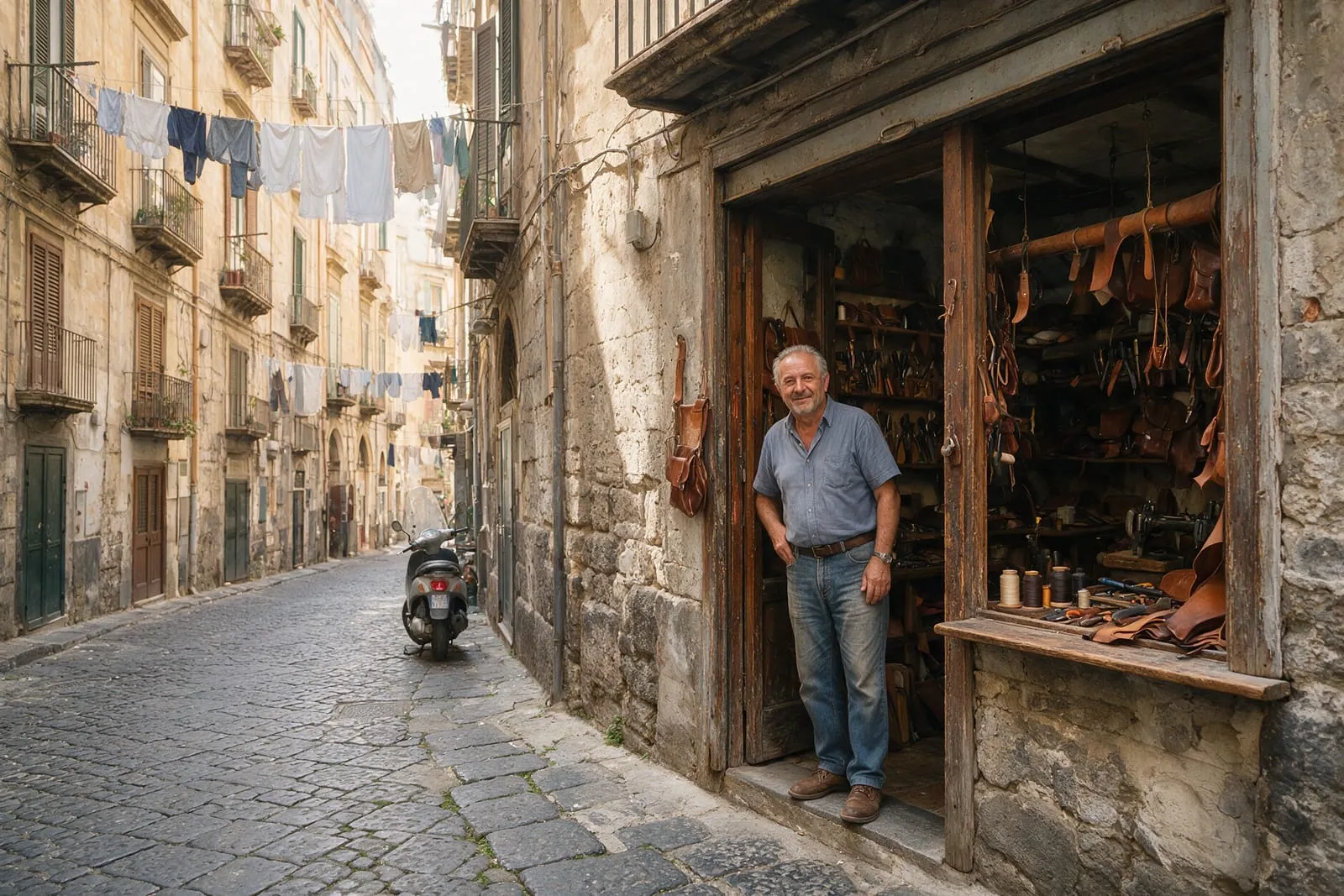 Un artigiano sulla soglia della sua bottega in un vicolo del centro storico di Napoli, con il bucato steso in alto