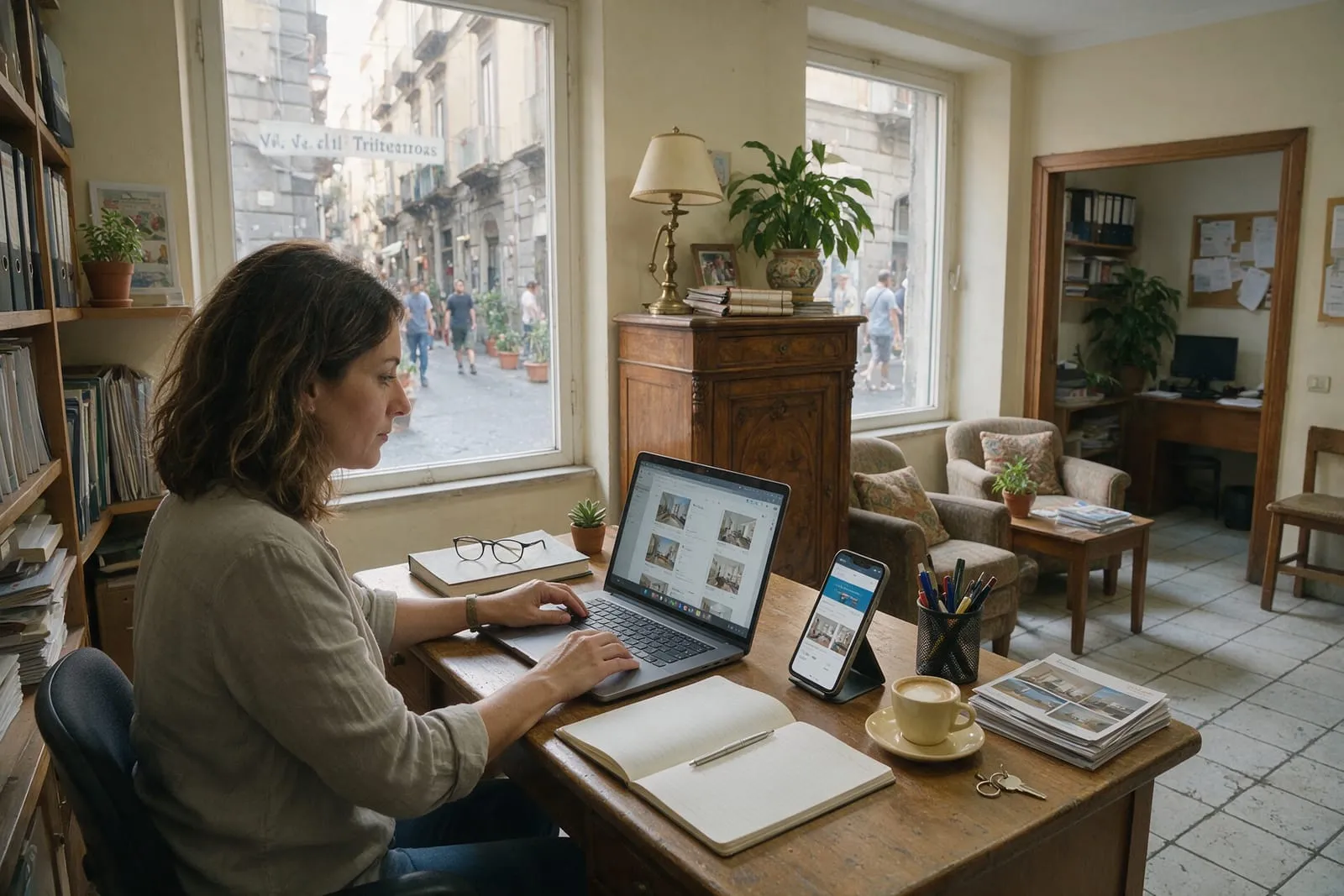 Agente immobiliare alla scrivania con laptop e smartphone mentre consulta gli annunci dell'agenzia