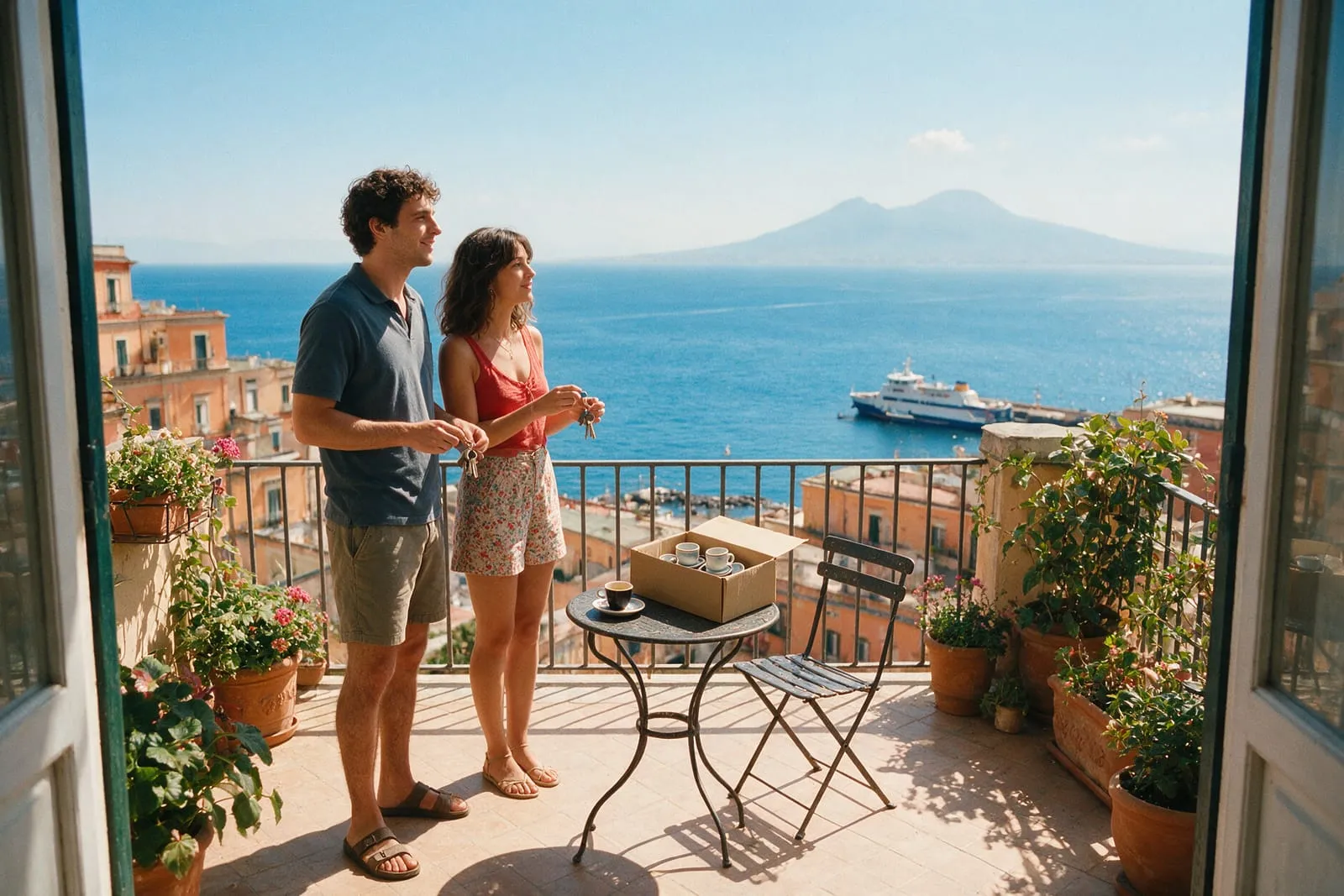 Giovane coppia su un balcone con vista sul golfo di Napoli, con le chiavi di casa in mano