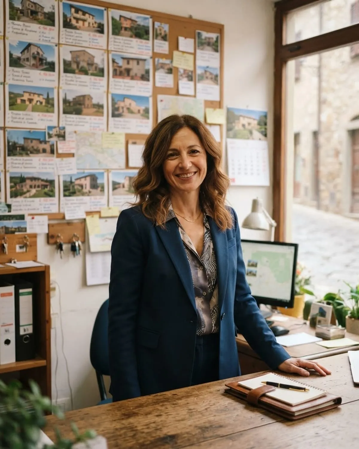 Agente immobiliare sorridente nella sua agenzia, con annunci di case appesi alla bacheca