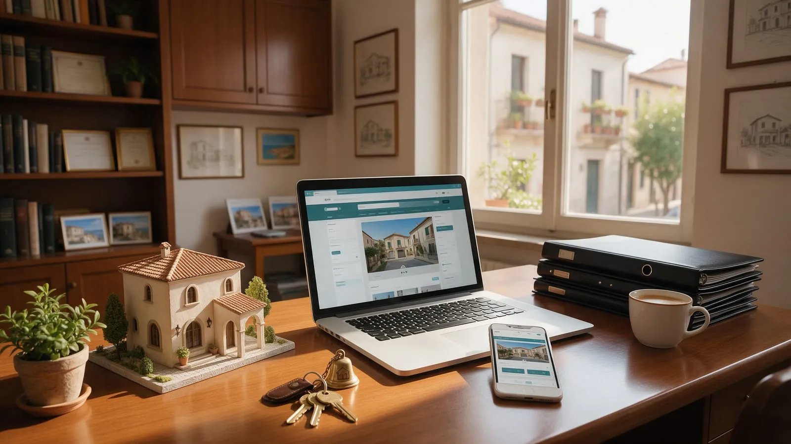 Sito di un'agenzia immobiliare aperto su laptop e smartphone, accanto a chiavi e plastico di una casa