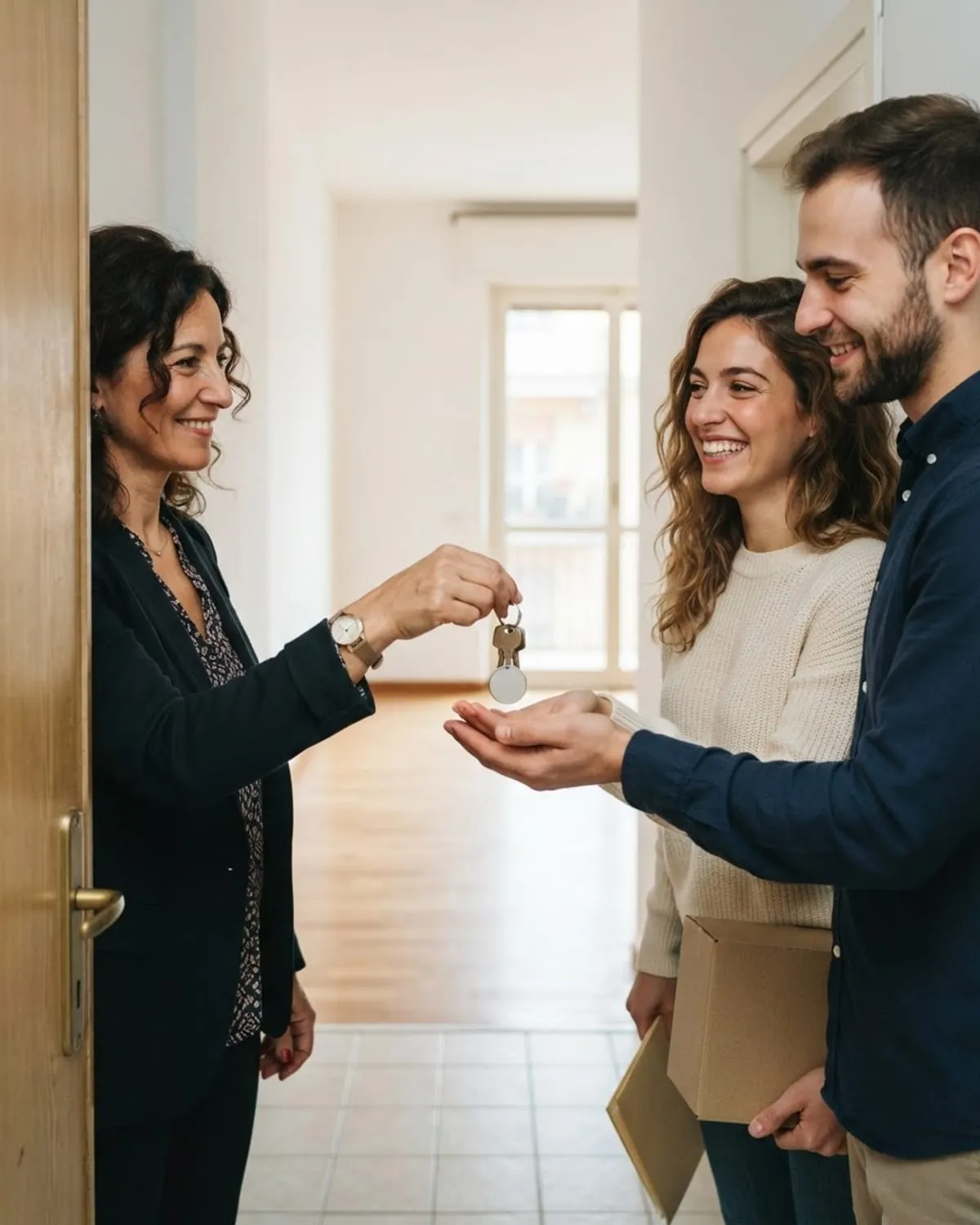 Agente consegna le chiavi di casa a una giovane coppia sorridente sulla porta di un appartamento luminoso