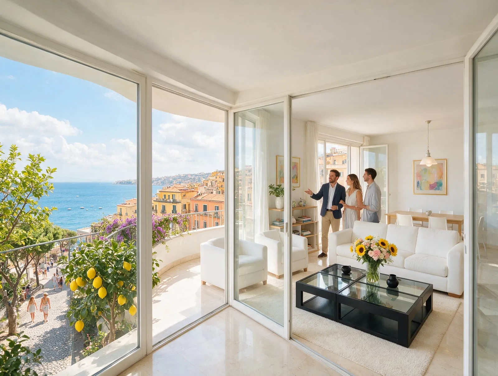Un agente immobiliare mostra a una coppia un appartamento luminoso con vista mare