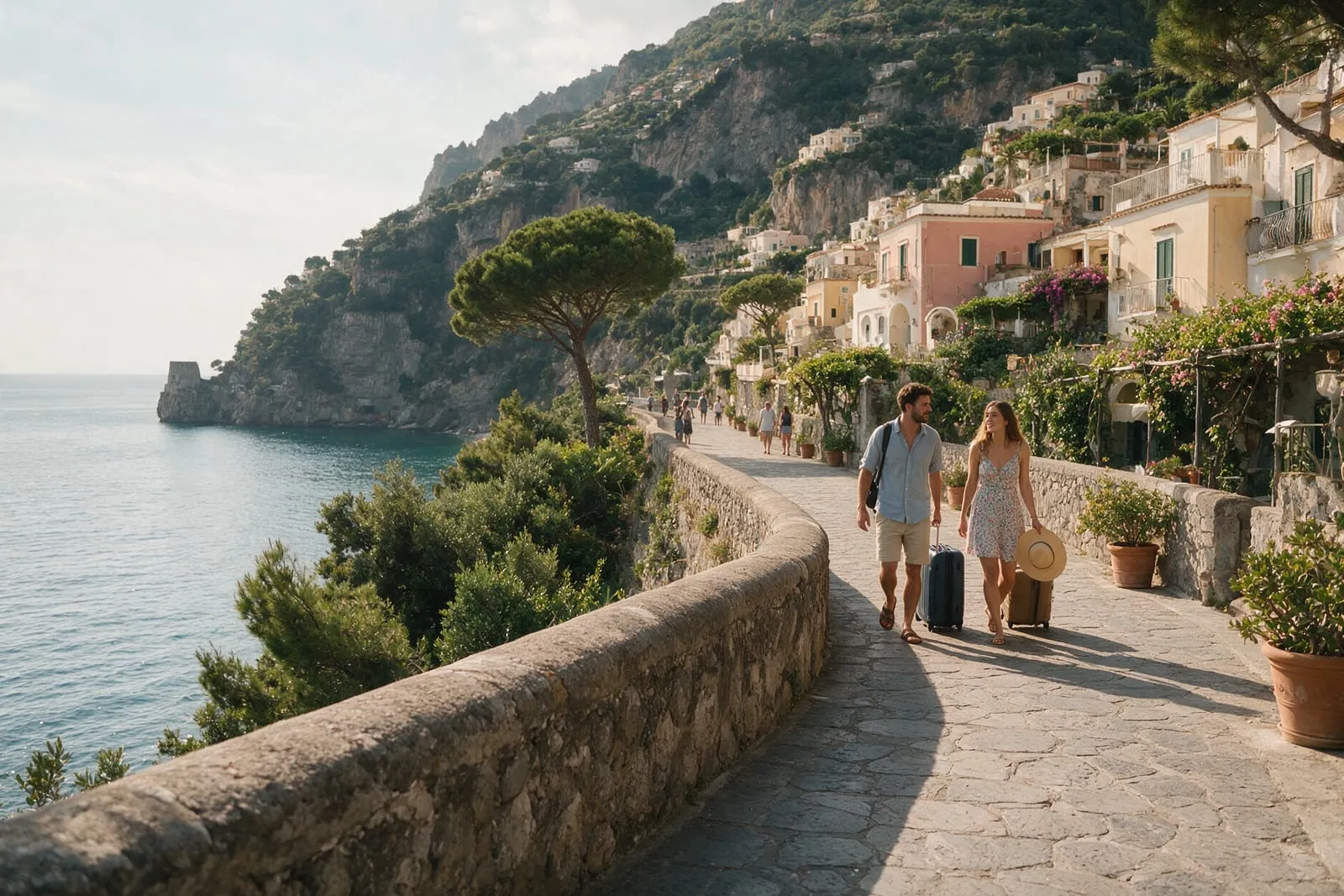 Coppia con valigie e cappelli da sole passeggia sul lungomare della Costiera Amalfitana