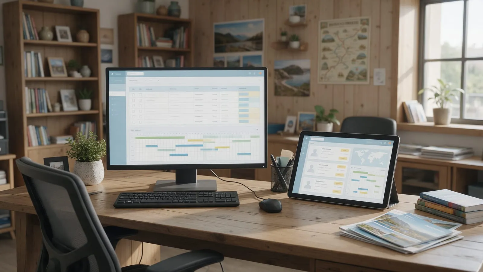 Monitor e tablet in agenzia viaggi con gestionale prenotazioni, calendario dei viaggi e schede cliente