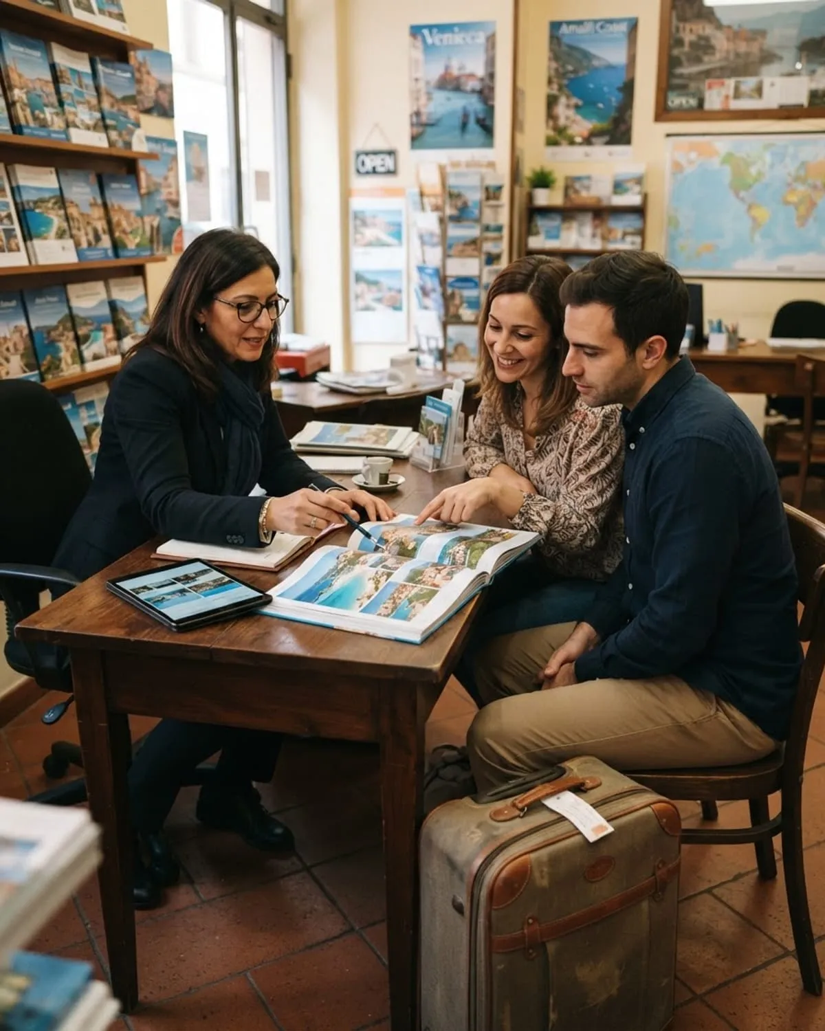 Agente di viaggio e coppia di clienti sfogliano insieme un catalogo di destinazioni, valigia accanto