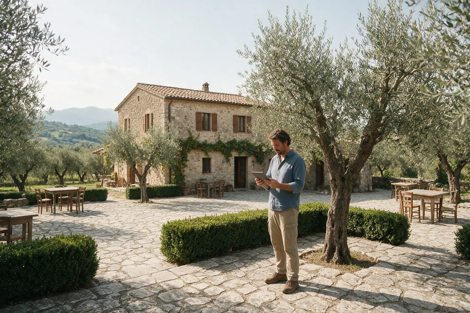 Titolare di un agriturismo controlla le prenotazioni sul tablet nel cortile tra gli ulivi