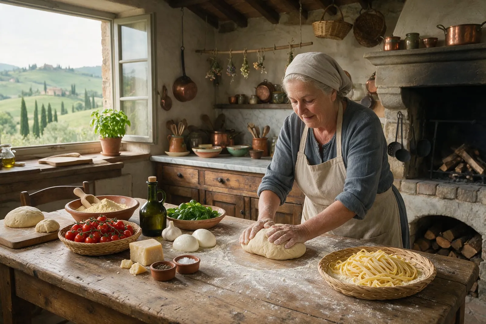 Anziana contadina impasta la pasta fatta in casa in una cucina rustica piena di prodotti locali