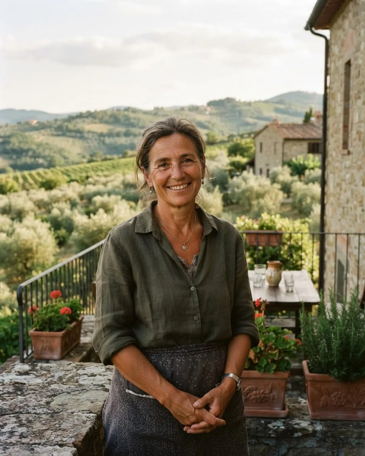 Titolare di agriturismo sulla terrazza con ulivi e colline alle spalle, sorridente