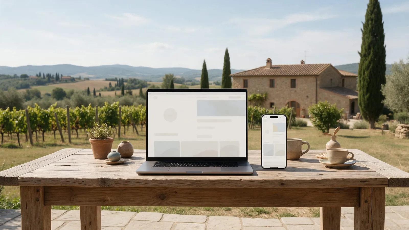Sito di un agriturismo su laptop e smartphone, su un tavolo rustico davanti alla vigna