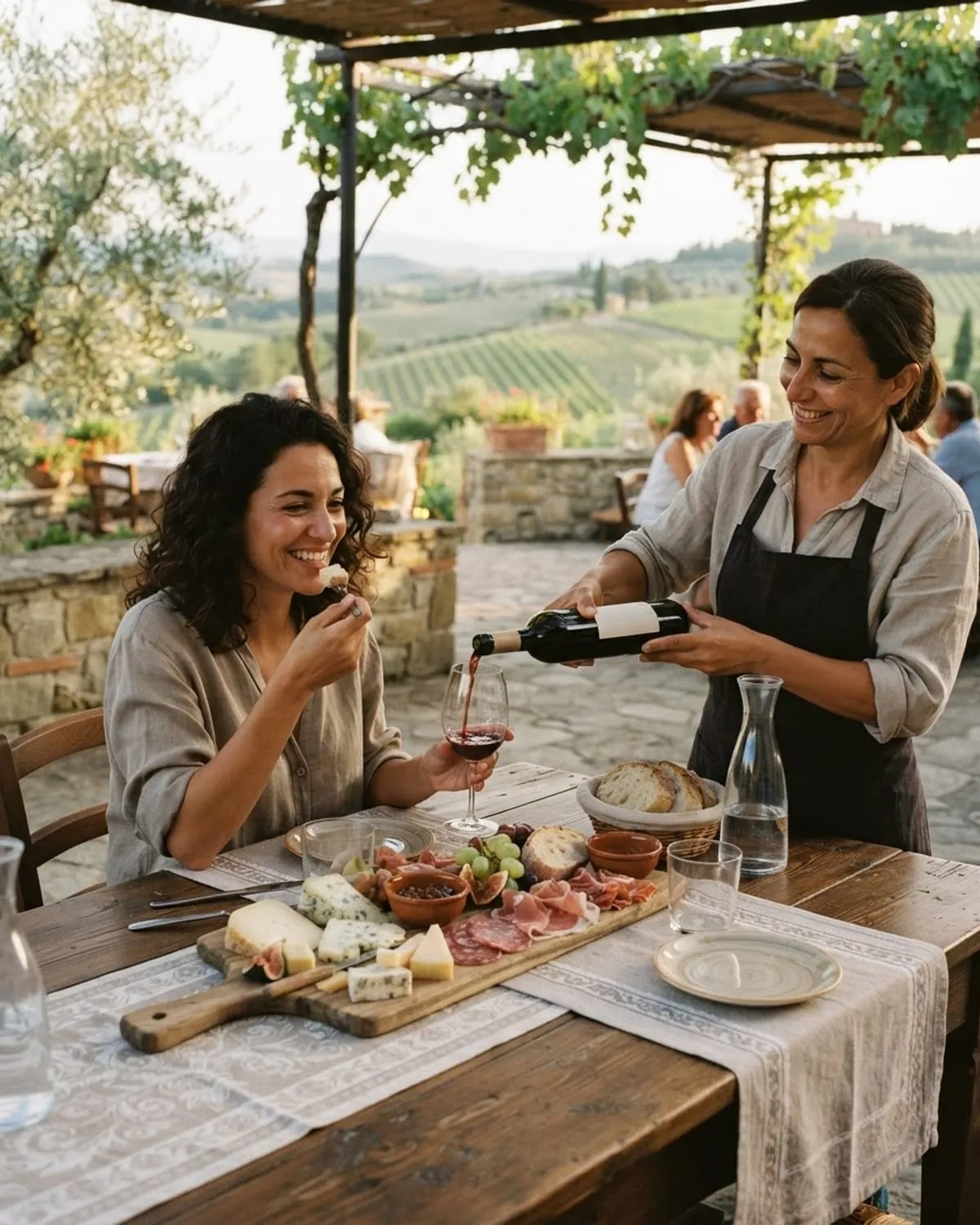 Ospite assaggia formaggi e salumi a un tavolo di agriturismo mentre la padrona di casa versa il vino