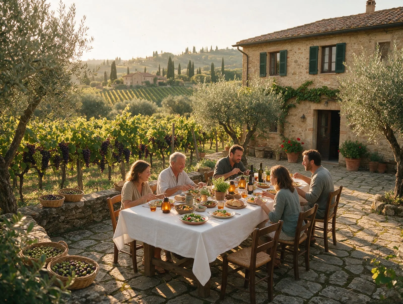Agriturismo con vigneto e ospiti seduti a tavola all'aperto