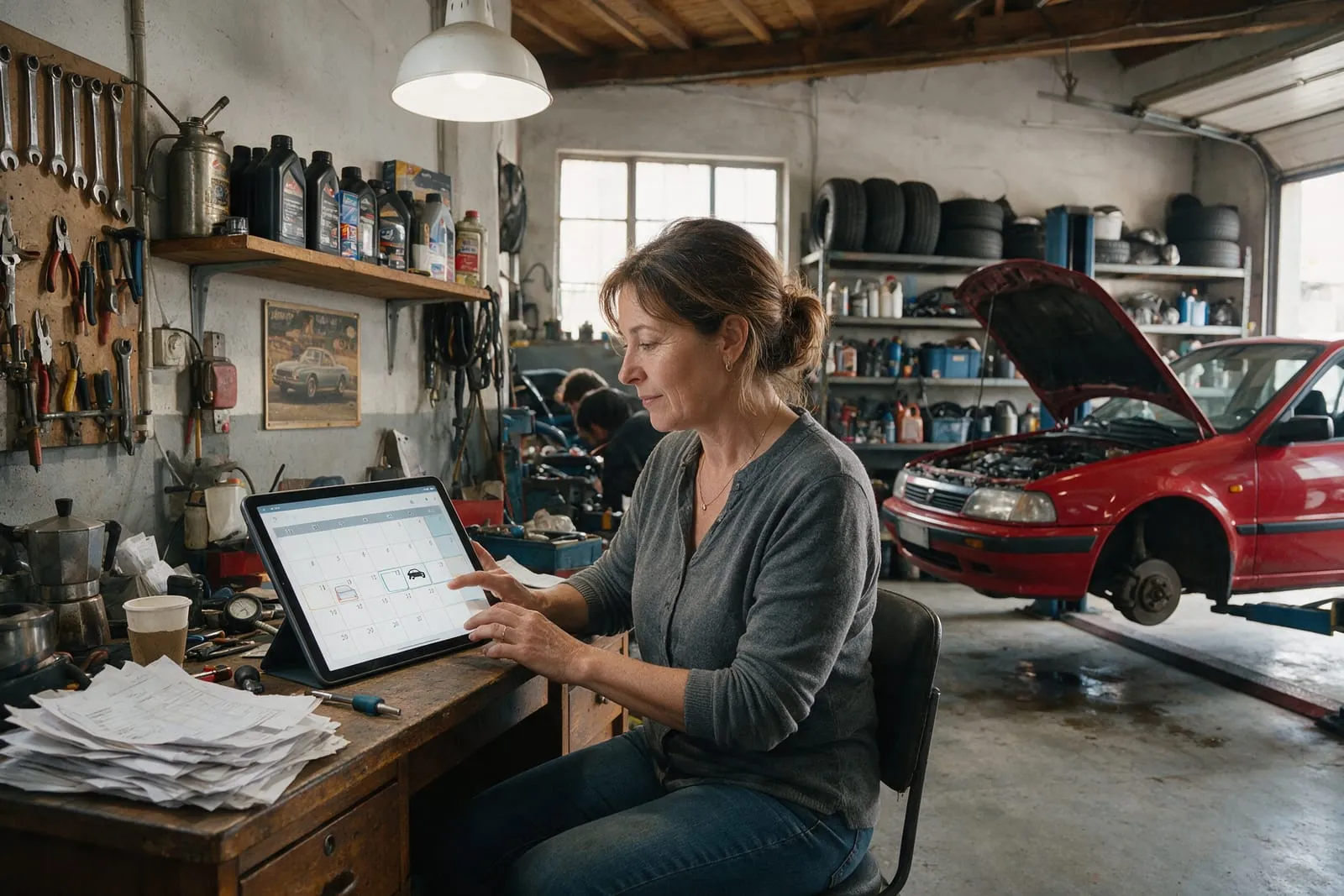La titolare di un'officina controlla sul tablet il calendario delle prenotazioni automatiche, con l'auto in lavorazione dietro di lei