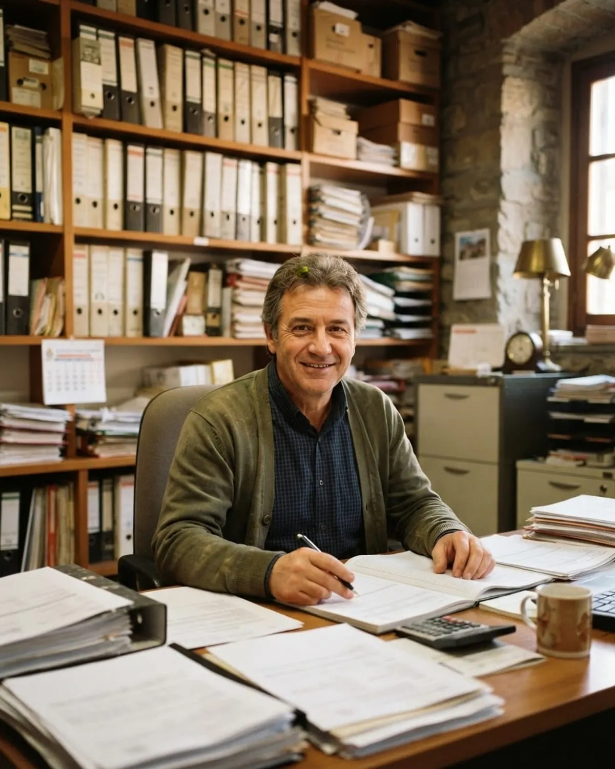 Un commercialista sorride alla sua scrivania nello studio, con raccoglitori e documenti sugli scaffali