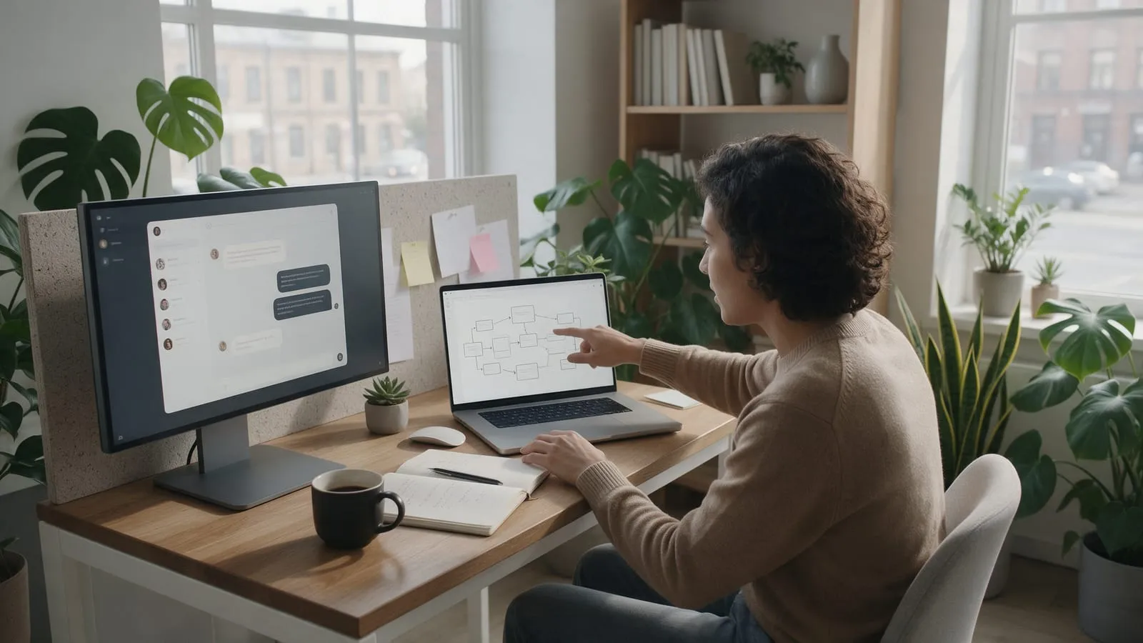 Una donna lavora al portatile in un ufficio, con una chat e un diagramma di flusso visibili sugli schermi