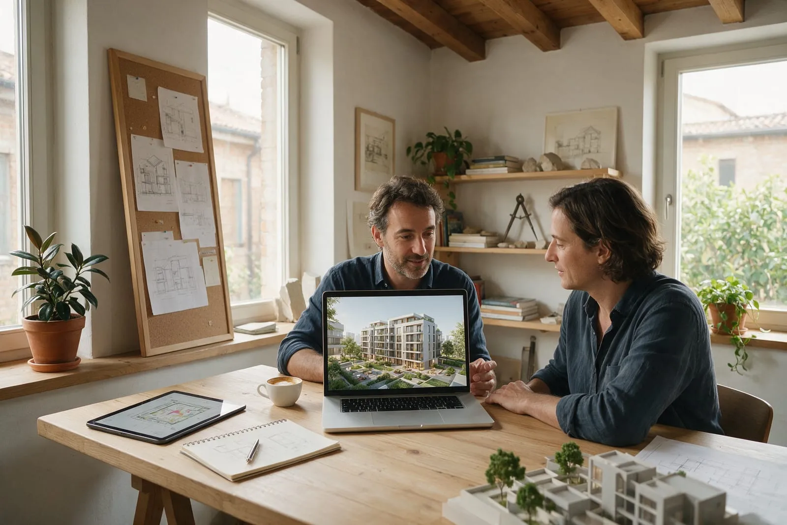 Architetto mostra a una cliente il modello 3D di un edificio sul laptop nel suo studio