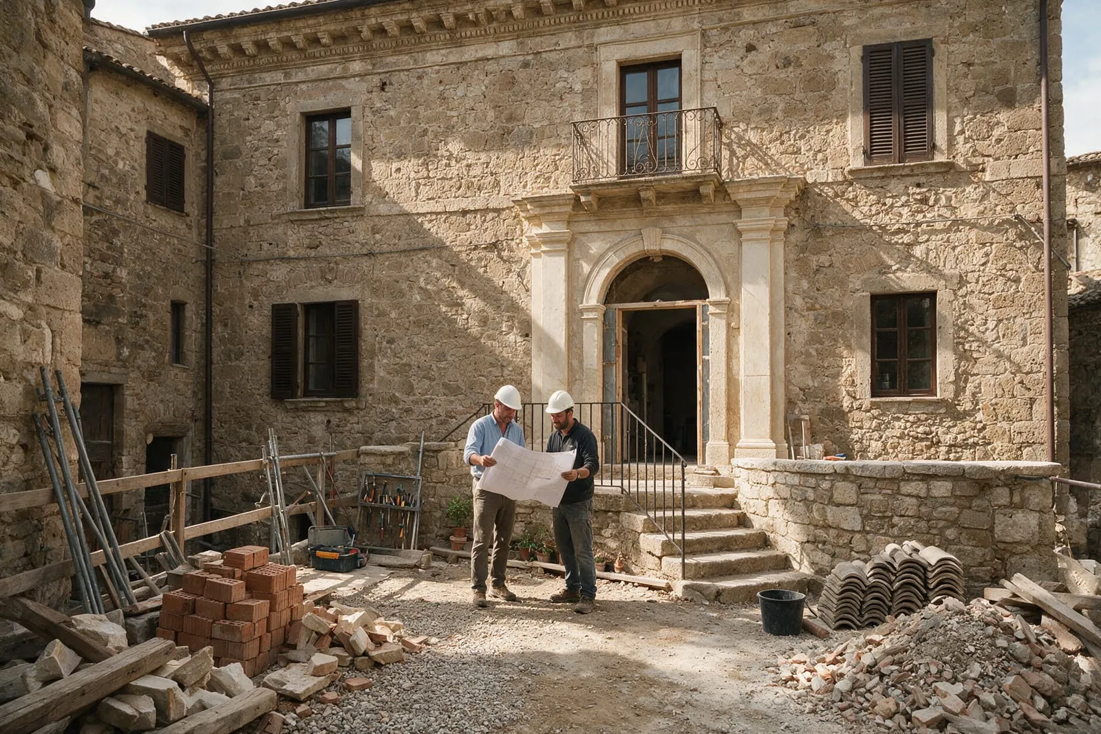 Architetto e capocantiere con l'elmetto esaminano i progetti davanti a un edificio in ristrutturazione