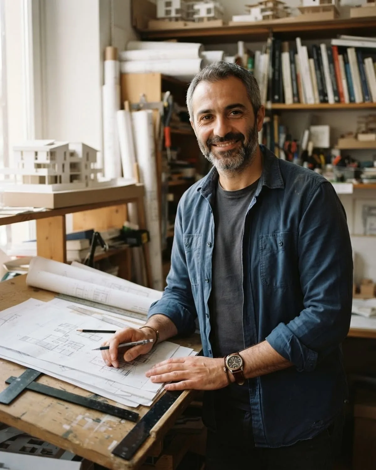 Architetto nel suo studio, appoggiato al tavolo da disegno con plastici e rotoli di progetti