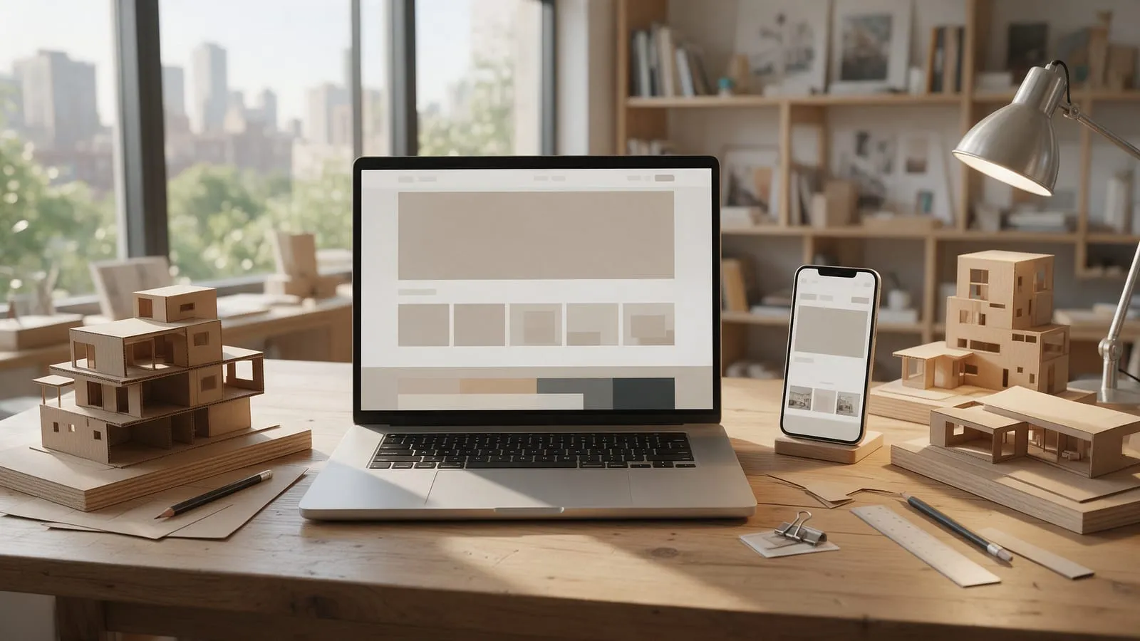 Portfolio di uno studio di architettura su laptop e smartphone, tra plastici di cartone e matite