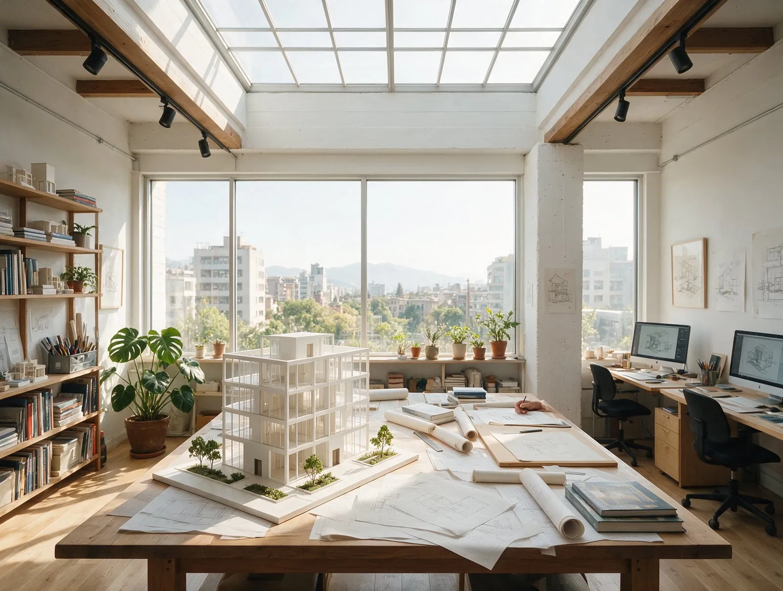 Studio di architettura con un plastico e disegni di progetto sul tavolo
