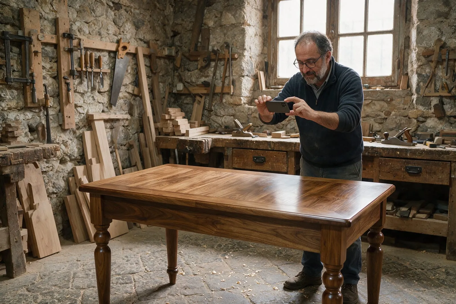 Falegname fotografa con lo smartphone un tavolo in legno appena finito nella sua bottega