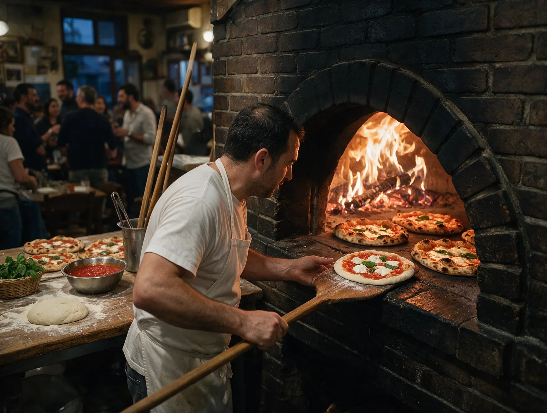 Un pizzaiolo inforna una pizza nel forno a legna
