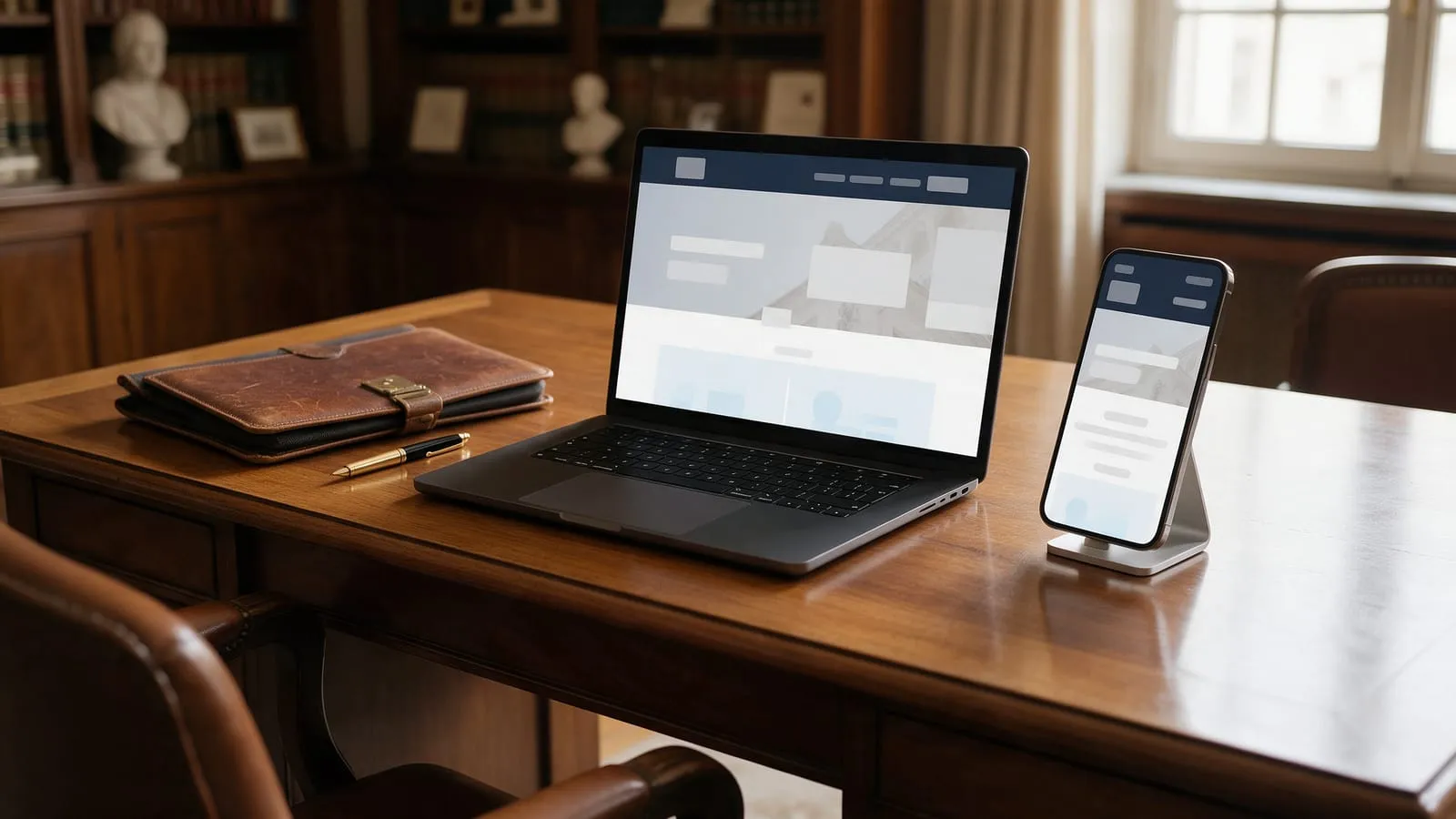 Sito di uno studio legale su laptop e smartphone, su una scrivania in legno con cartelline in pelle