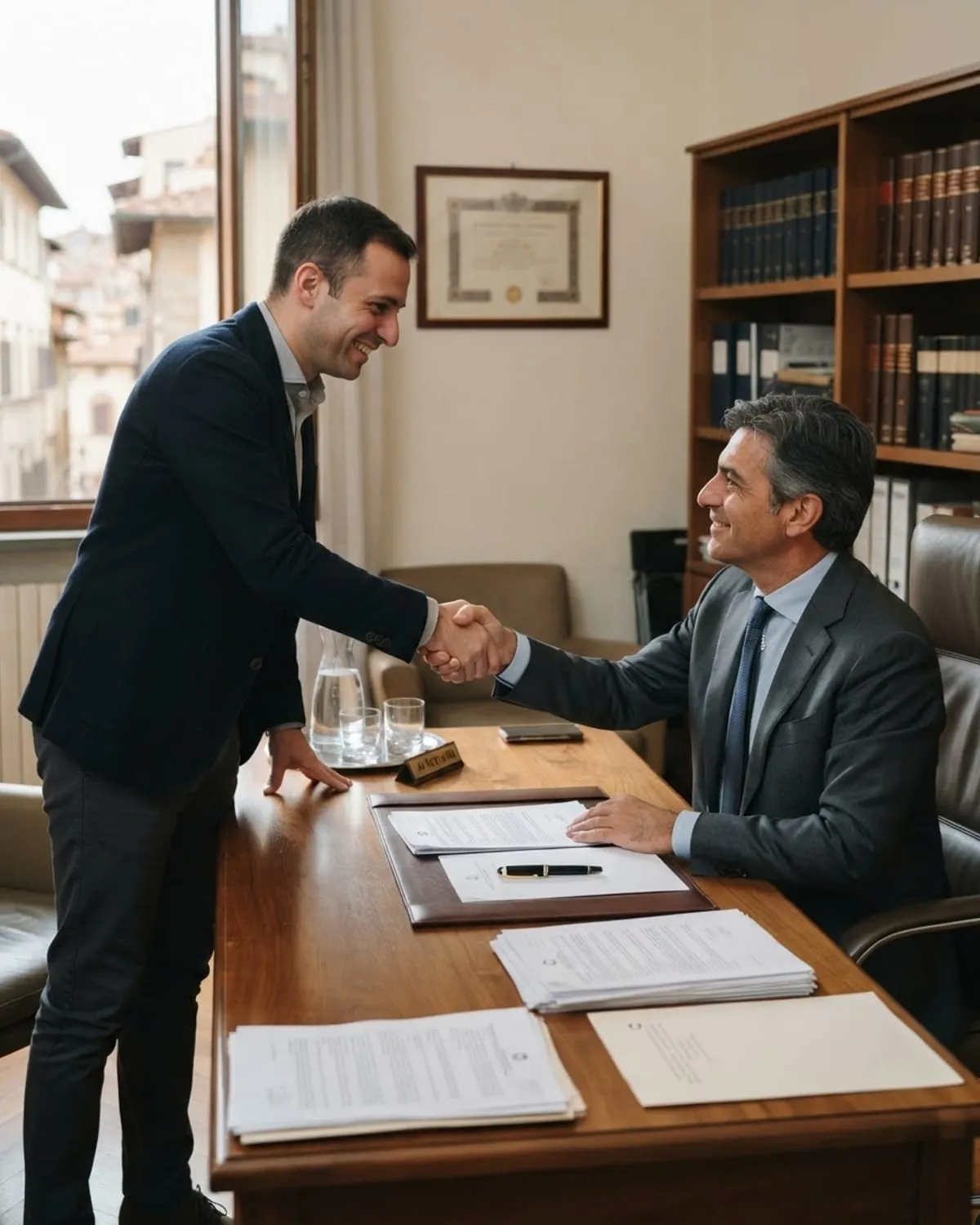 Stretta di mano tra avvocato e cliente in uno studio tranquillo, con documenti e penna sul tavolo