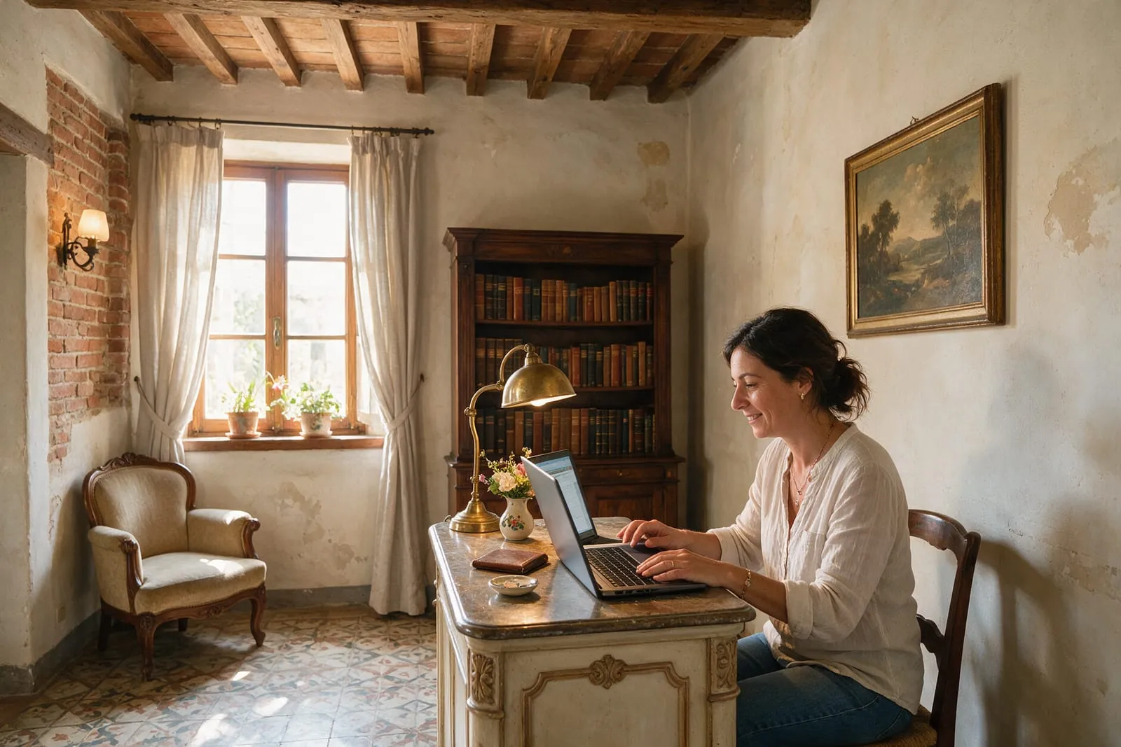 Titolare di un B&B controlla le prenotazioni al laptop alla piccola reception di un antico palazzo italiano