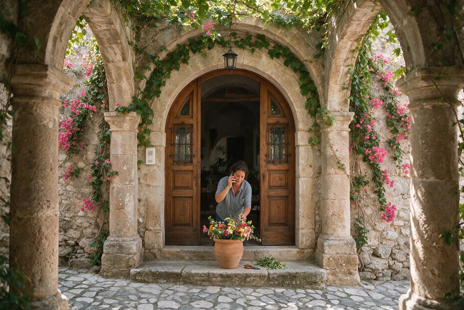 Titolare di un B&B risponde agli ospiti dallo smartphone sulla soglia ad arco, tra fiori freschi