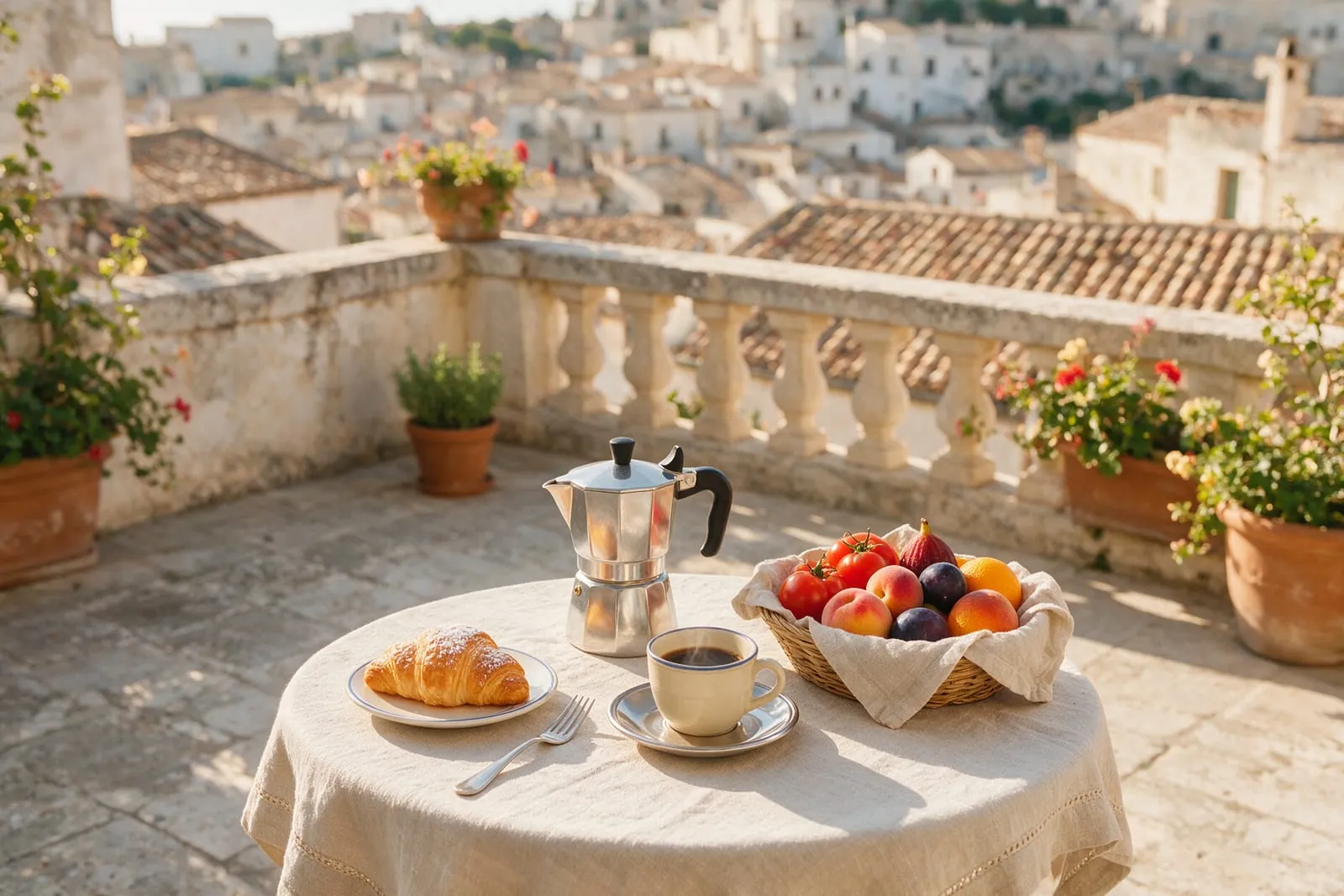 Colazione con cornetti, moka e frutta su una terrazza soleggiata affacciata sui tetti di un paese del Sud