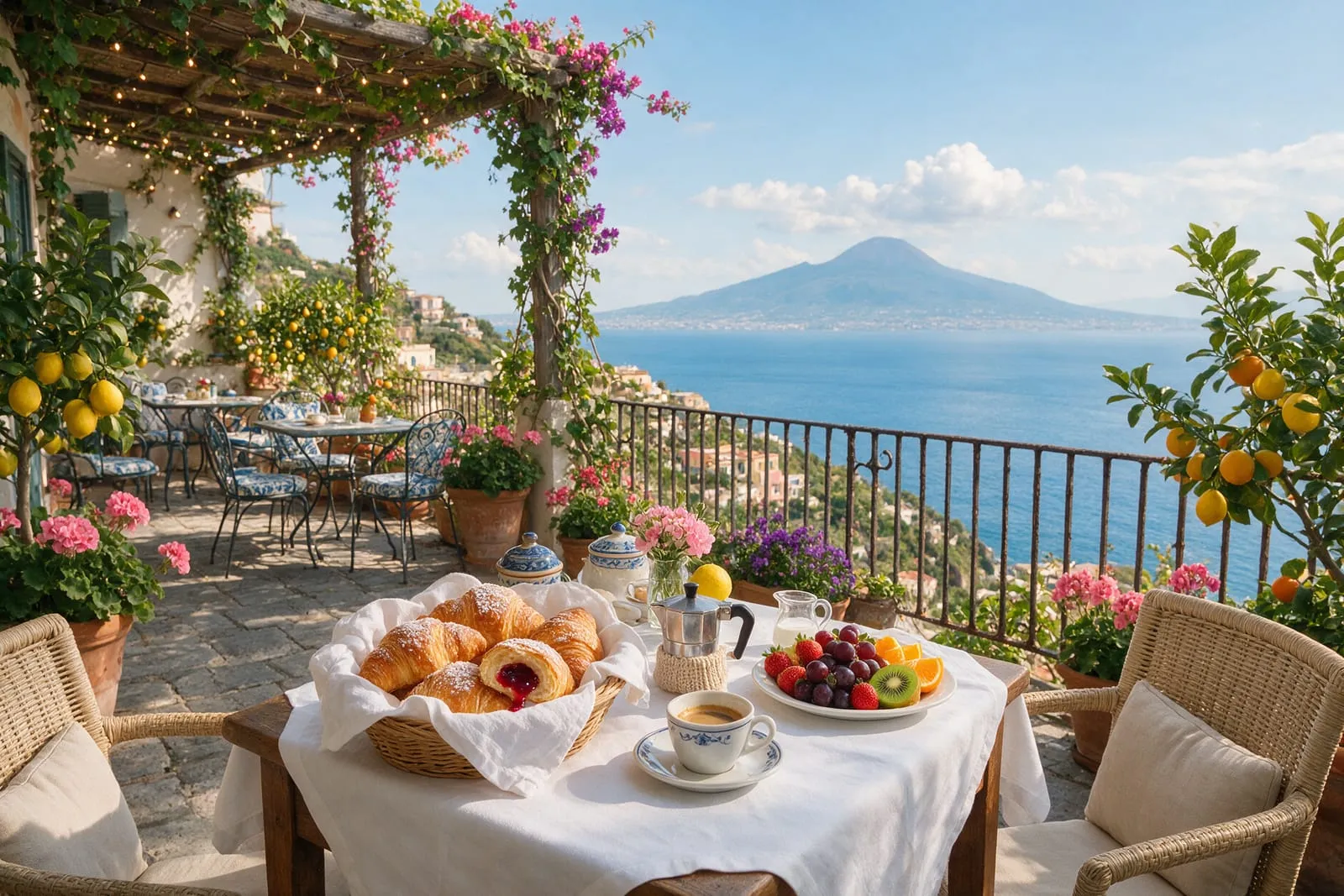 Terrazza per la colazione di un B&B con vista sul Golfo di Napoli, tavolo con cornetti, frutta e caffè