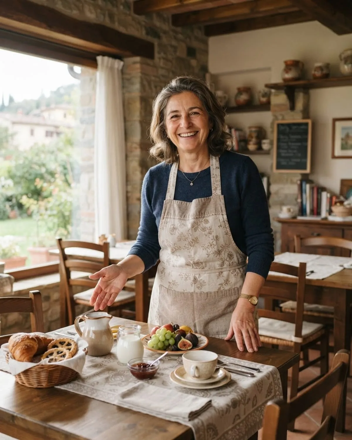 Titolare di un B&B sorridente con il grembiule nella sala colazioni, tavolo con brioche e caffè