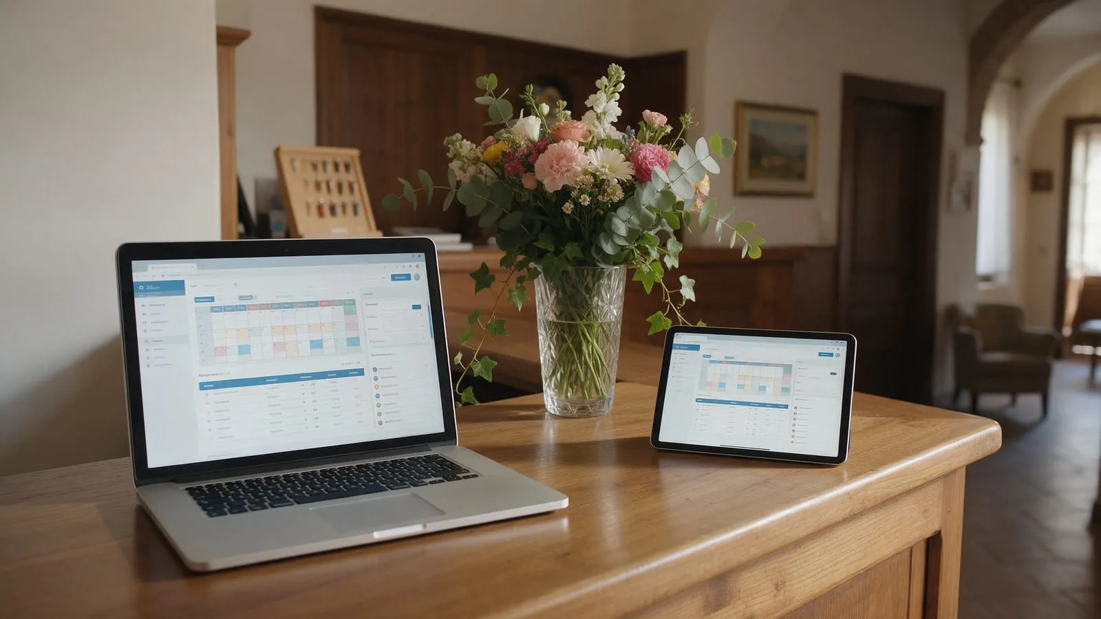 Portatile e tablet alla reception di un B&B con gestionale camere, calendario prenotazioni e vaso di fiori