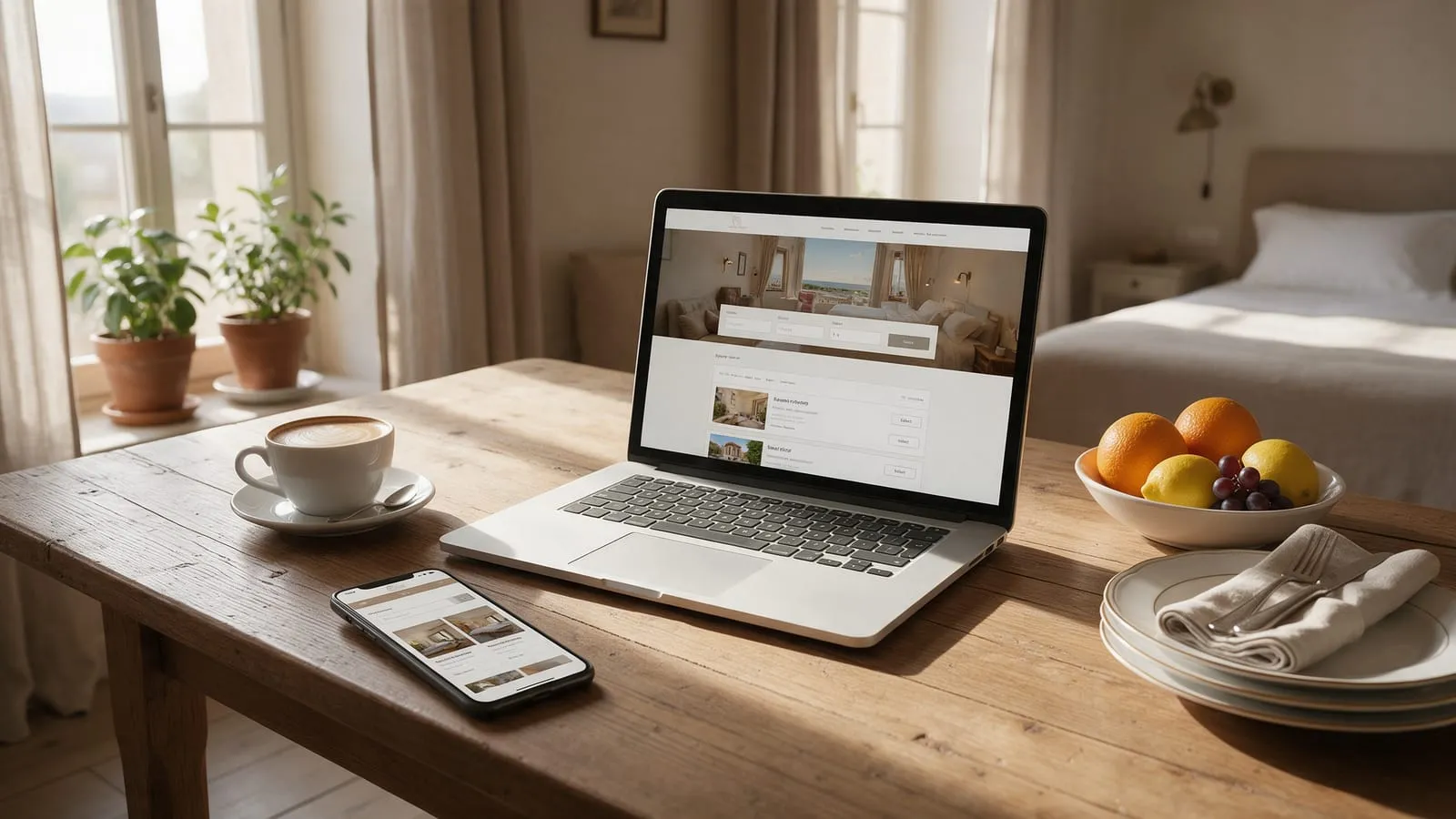 Sito di un B&B su laptop e smartphone sul tavolo della colazione, con un letto sullo sfondo