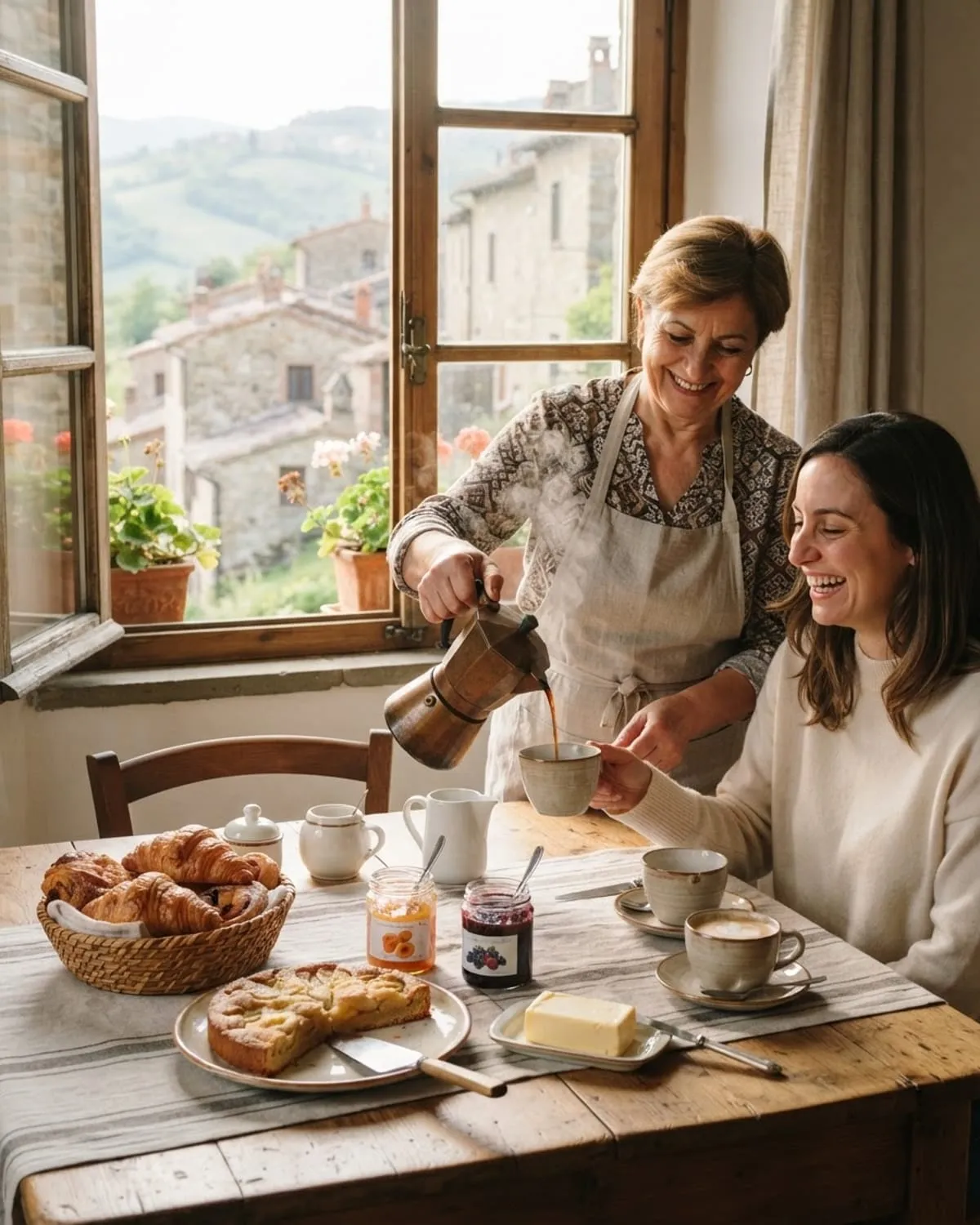 Colazione casalinga con cornetti, torta e marmellate: la padrona di casa versa il caffè a un'ospite