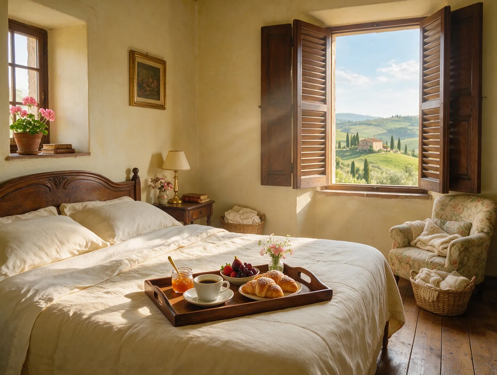 Camera di un bed and breakfast con vassoio della colazione appoggiato sul letto