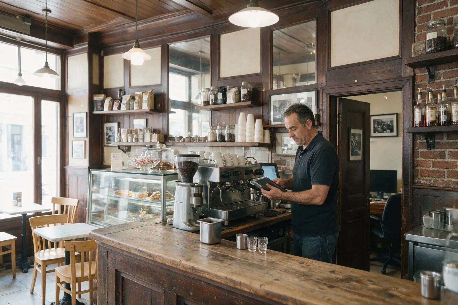 Barista controlla gli incassi sul tablet dietro il bancone accanto alla macchina del caffè in un bar di quartiere