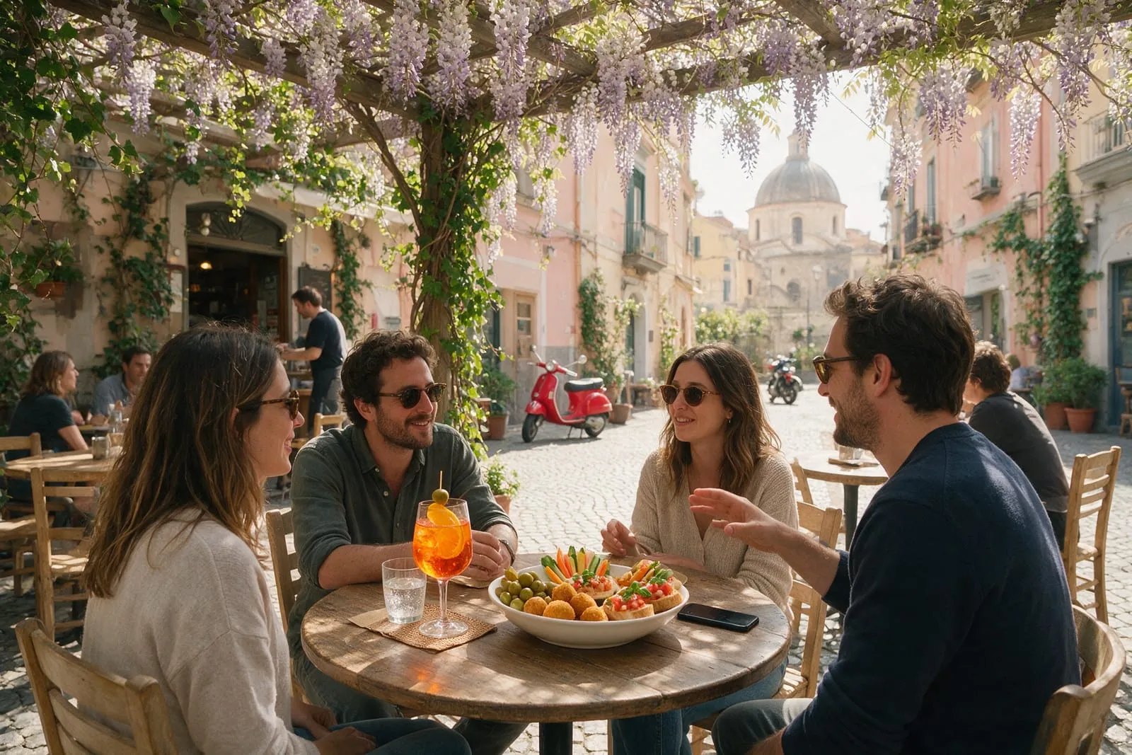 Amici chiacchierano ai tavolini all'aperto di un bar in una piazzetta di Napoli con spritz e stuzzichini