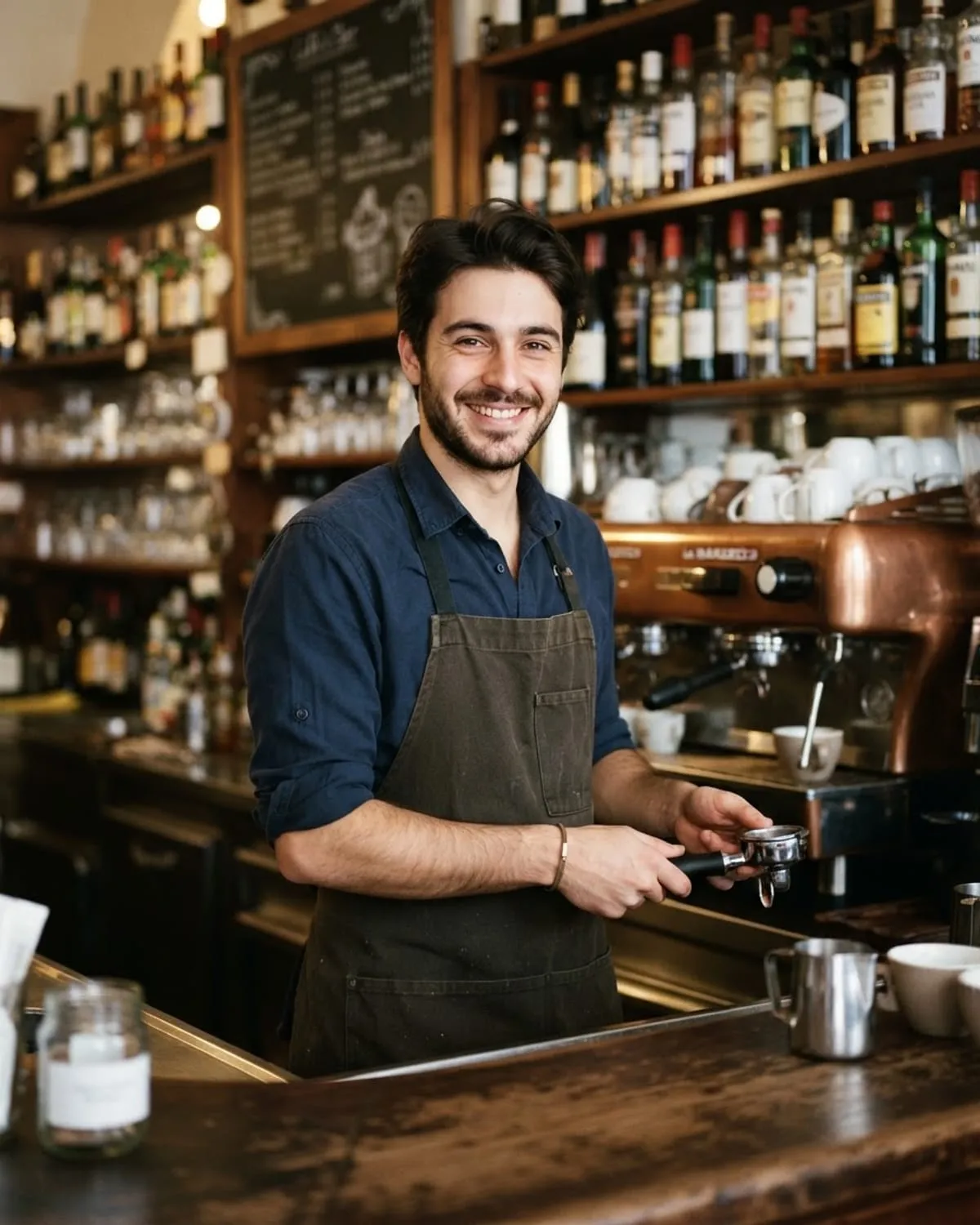 Barista sorridente con il grembiule dietro il bancone, con bottiglie e macchina del caffè alle spalle