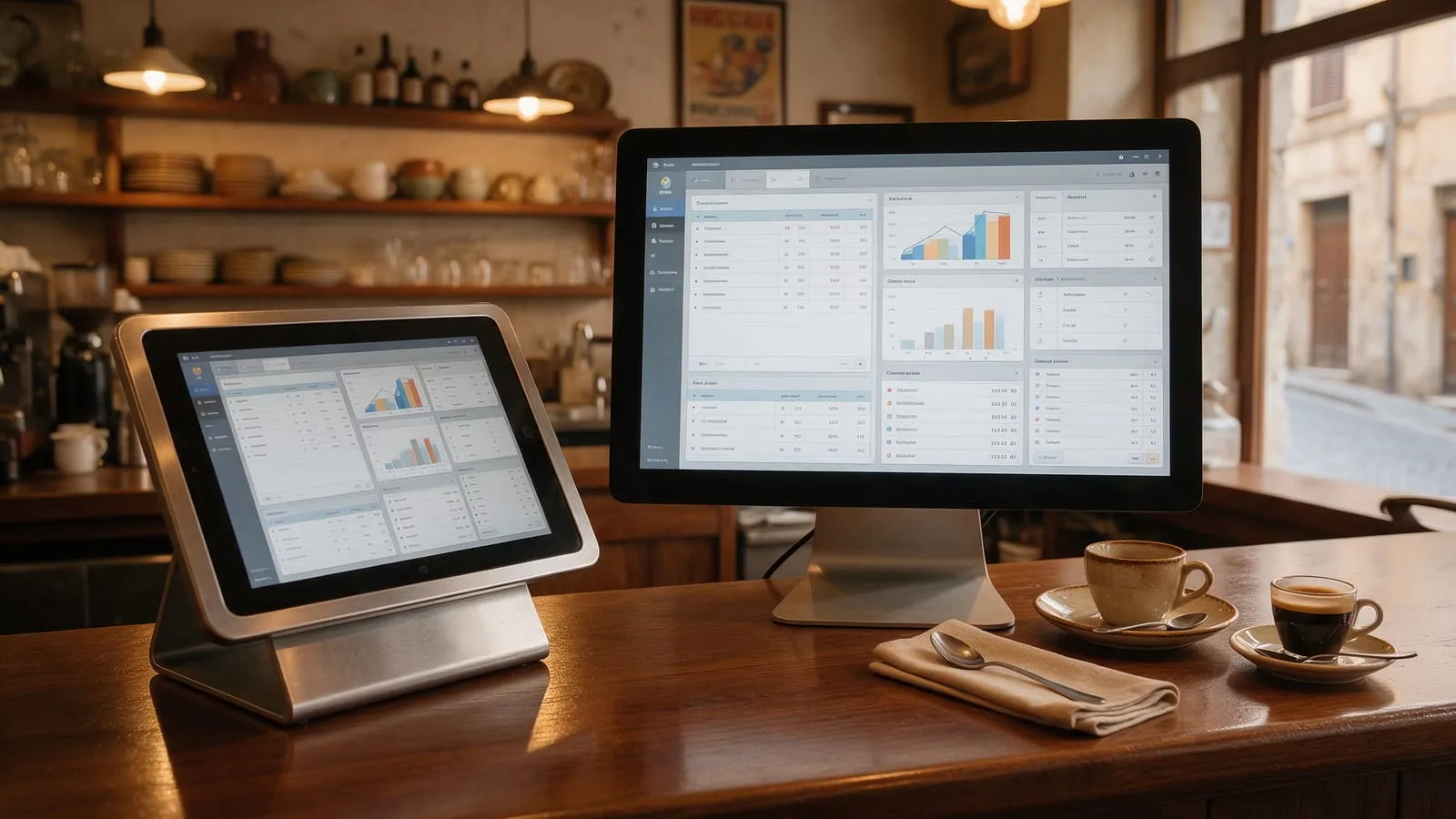 Tablet cassa e monitor sul bancone di un bar con gestionale vendite, grafici e magazzino, accanto a una tazzina