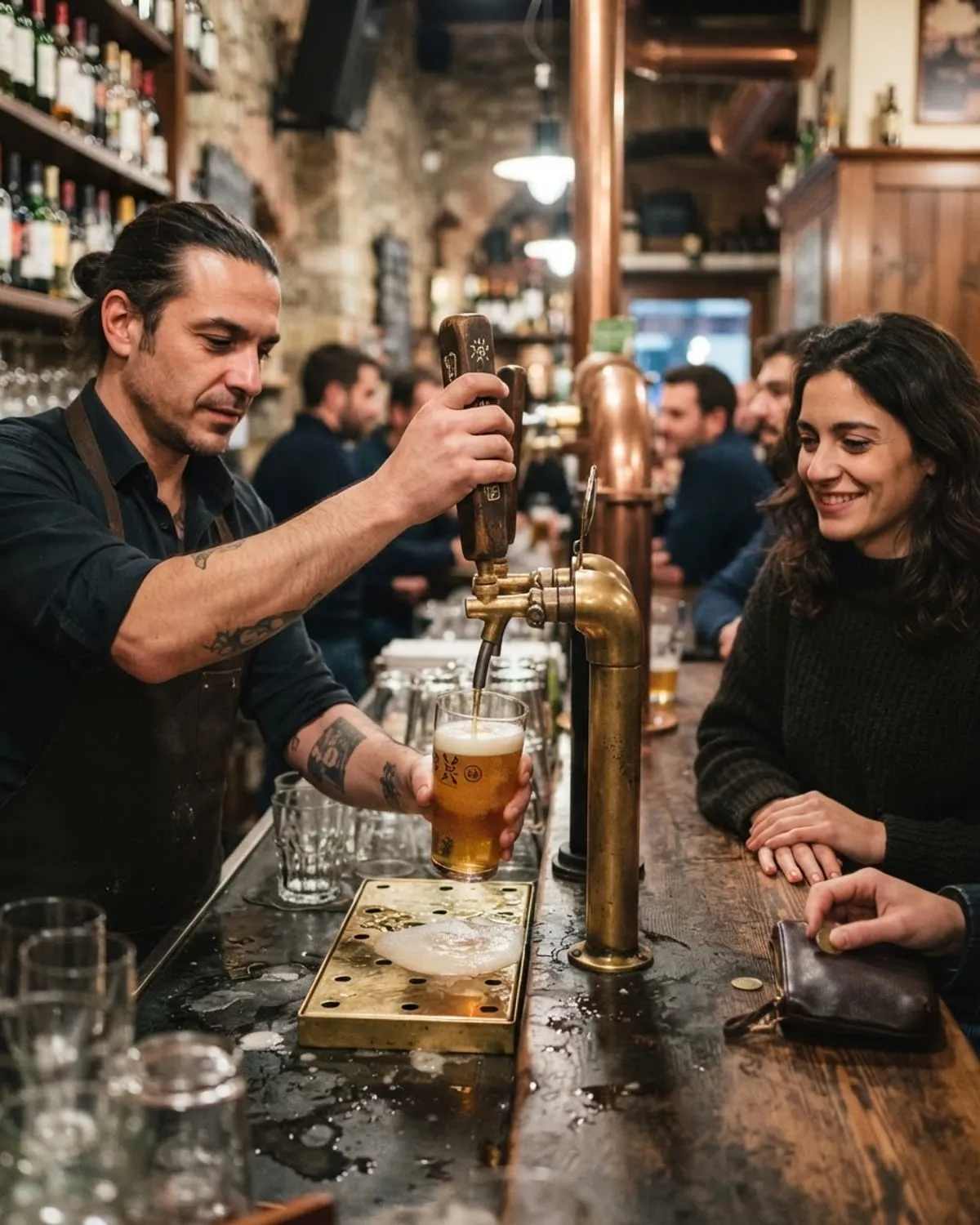 Barman che spilla una birra alla spina mentre una cliente aspetta al bancone di un pub