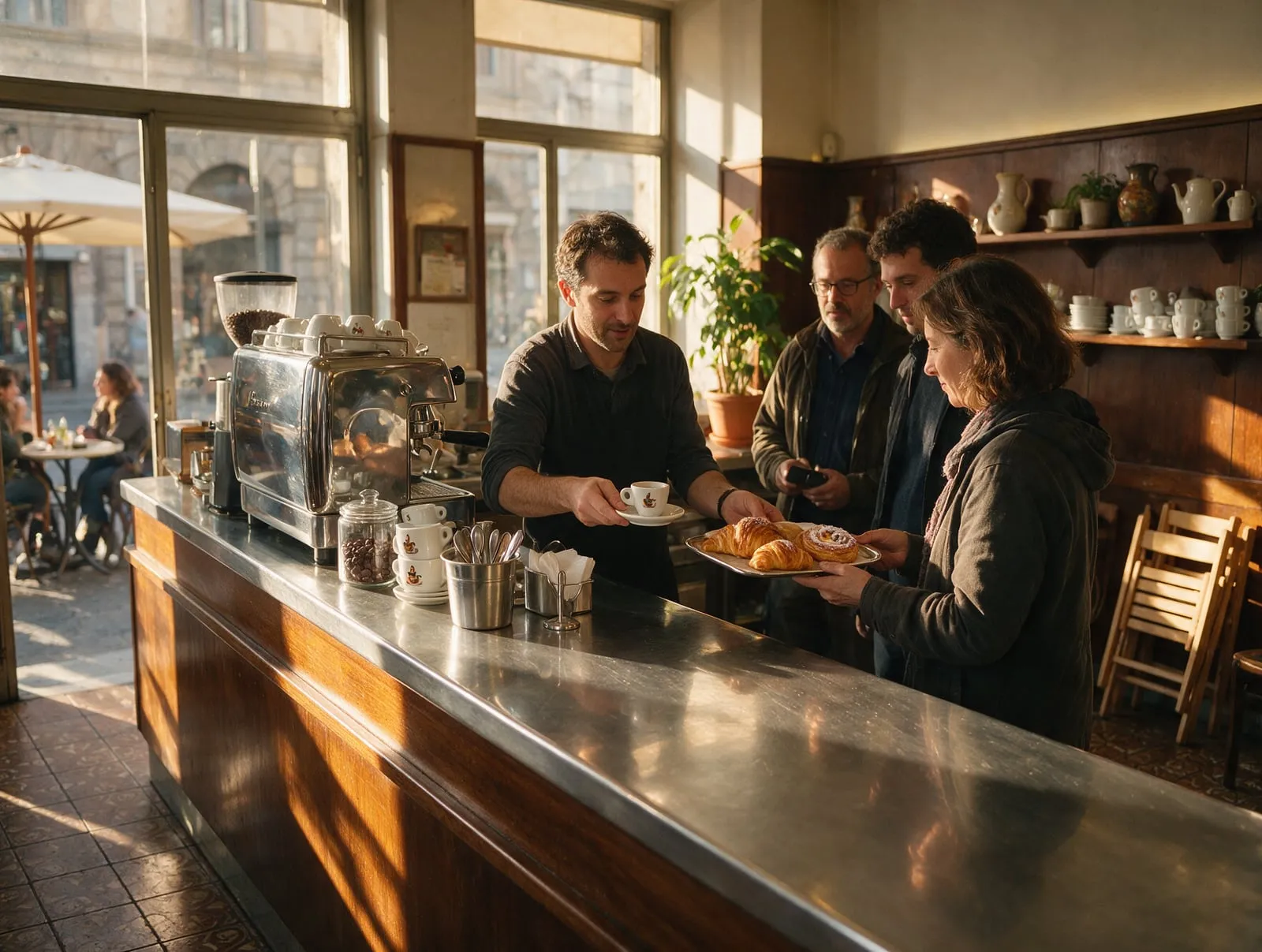 Barista che serve caffè e cornetti al banco di un bar