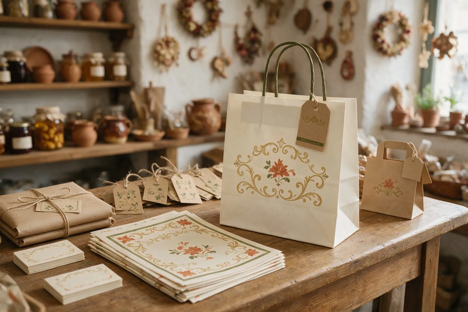 Sacchetti, biglietti da visita ed etichette coordinati sul bancone di legno di una bottega artigiana