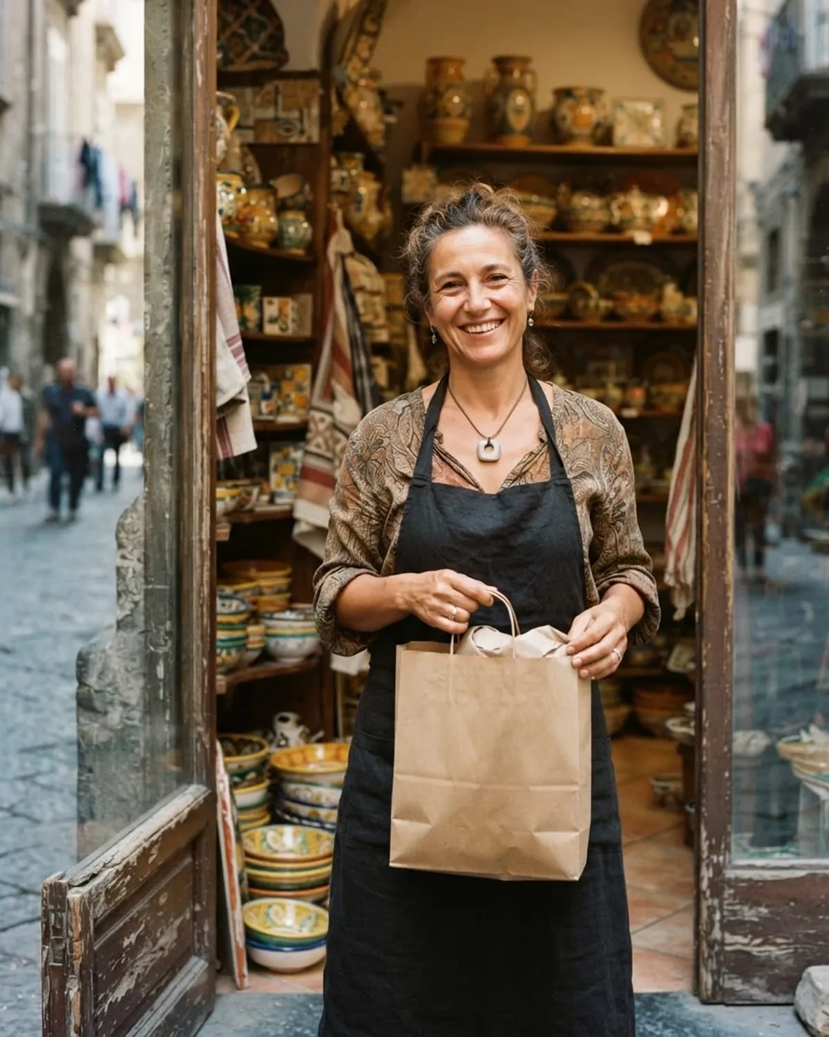 La titolare di un negozio di ceramiche di Napoli sorride sulla porta con in mano un sacchetto di carta kraft